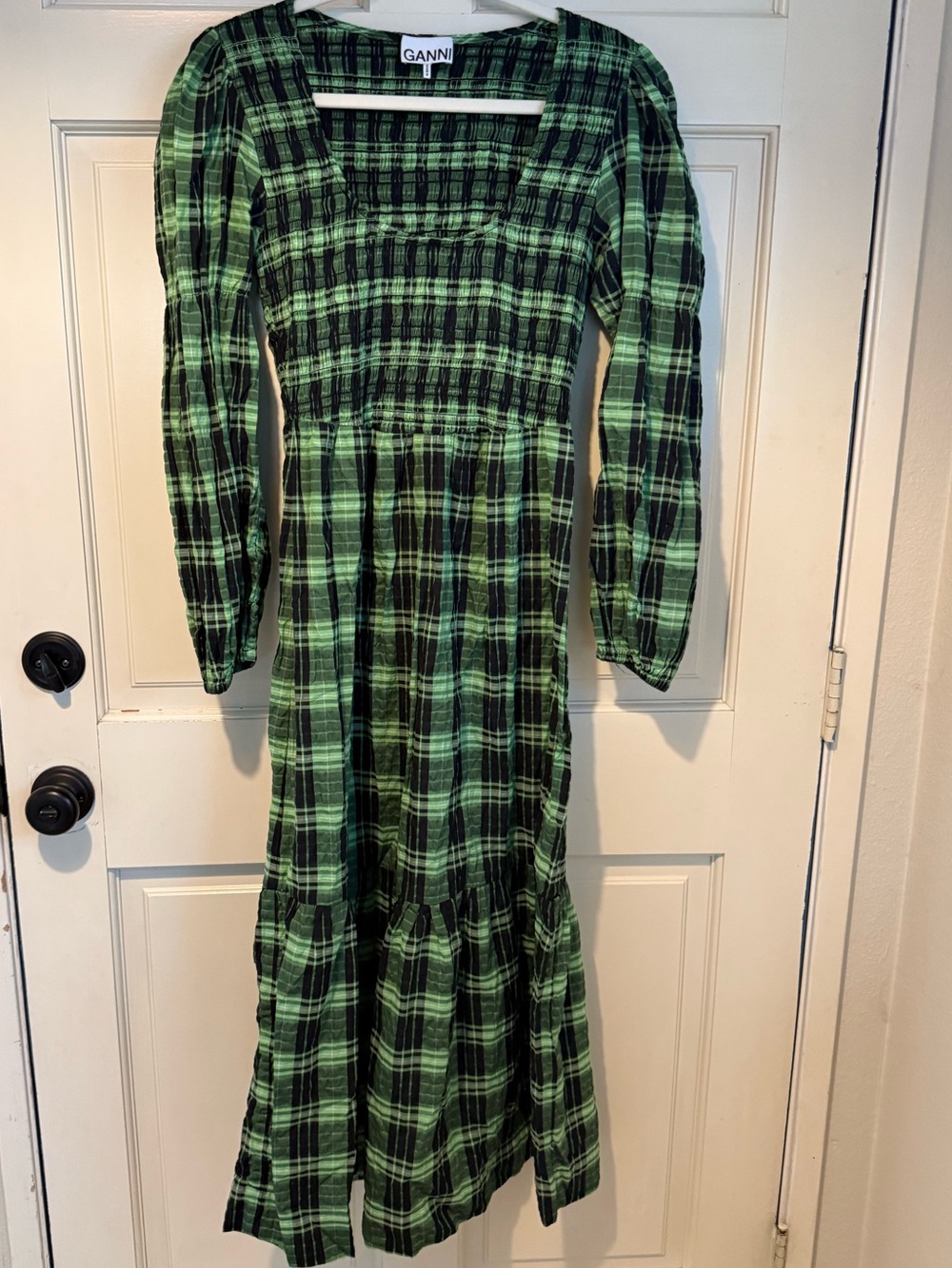 Ganni Green Plaid Long Sleeve Midi Dress